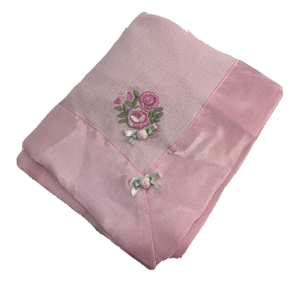 Bright Future Heirlooms Baby Blanket Knit Blankey Pink Flower Satin Trim Back